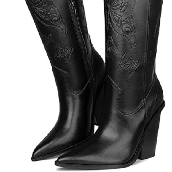 Womens Black Cowboy Boots with chunky heel - Picture 1 of 5